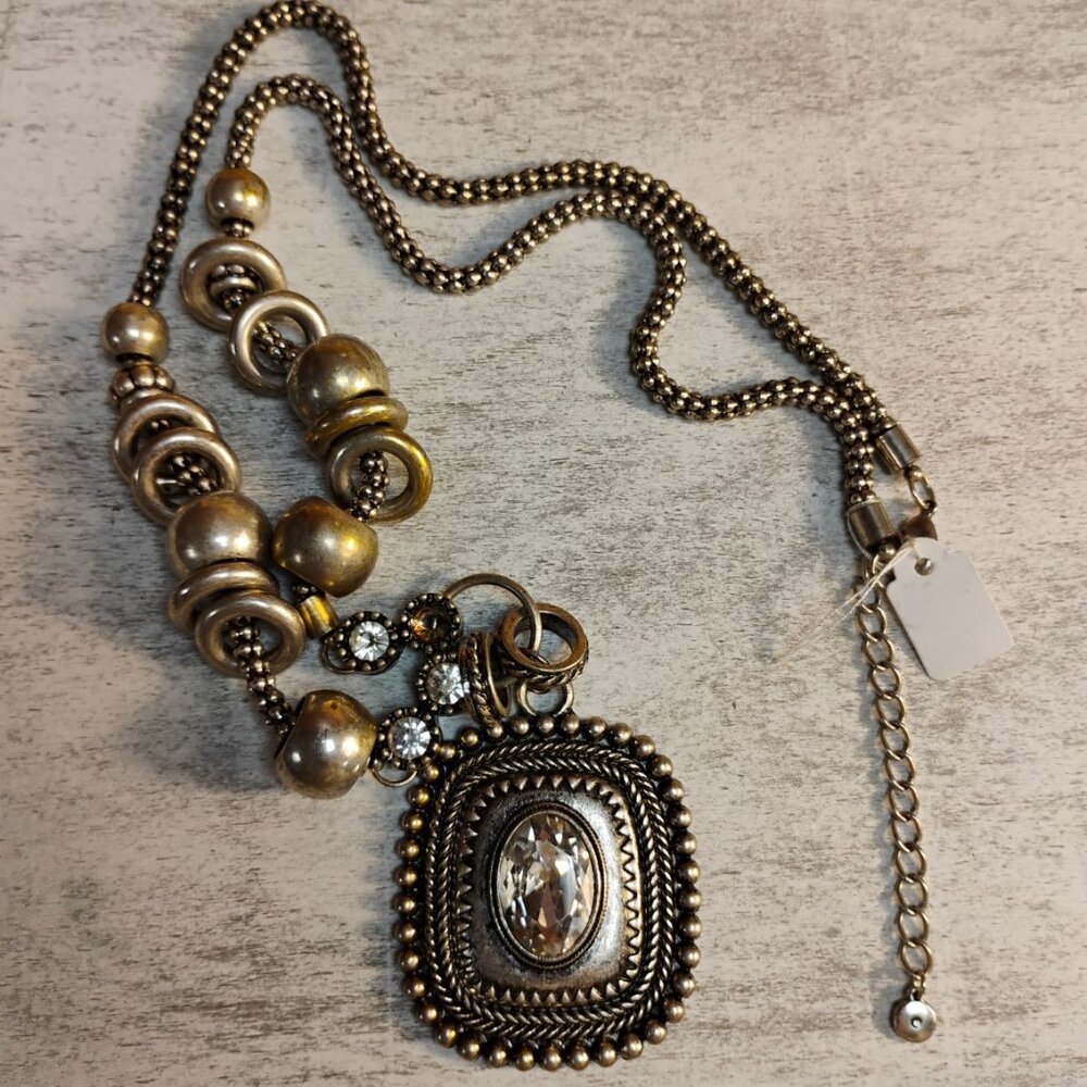 Vintage Style Silver Tone Statement Necklace with Ornate Crystal Pendant